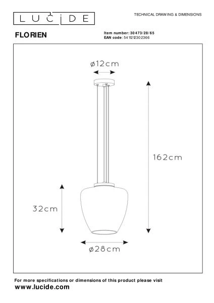 Lucide FLORIEN - Pendelleuchten - Ø 28 cm - 1xE27 - Rauchfarbe Grau - technisch